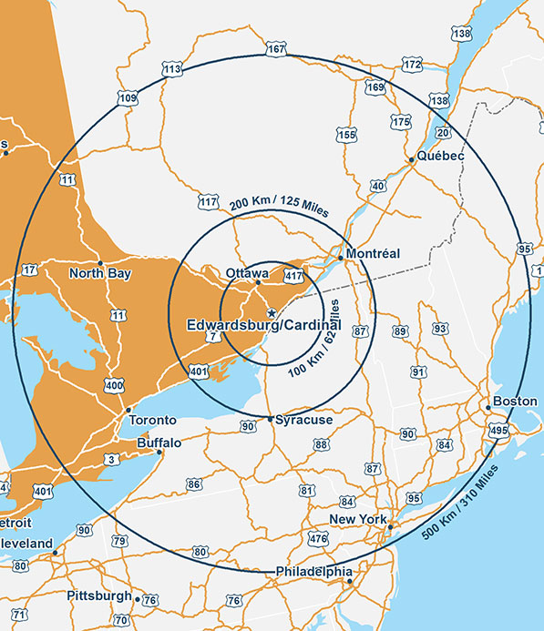 Carte mettant en évidence l’emplacement d’Edwardsburgh Cardinal, en Ontario situé au centre de trois cercles représentant une distance d’un rayon de 100 km / 62 miles, 200 km / 125 miles, et 500 km / 310 miles, indiquant les éléments suivants : - La ville d’Ottawa est dans les 100 km / 62 milles d’Edwardsburgh Cardinal, Ontario. - Les villes de Montréal et Syracuse sont dans les 200 km / 125 milles d’Edwardsburgh Cardinal, Ontario. - Les villes de North Bay, Québec, Boston, New York, Toronto et Buffalo sont dans les 500 km / 310 milles d’Edwardsburgh Cardinal, Ontario.
