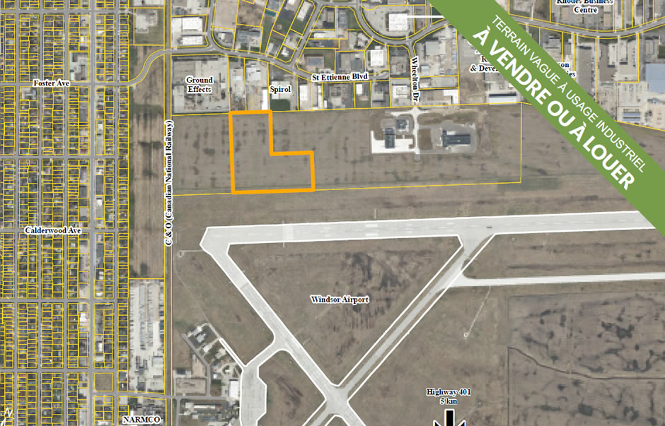Photographie vue aérienne du terrain industriel à vendre ou à louer au 3475-3485 Wheelton Drive, Windsor, Ontario, Canada.