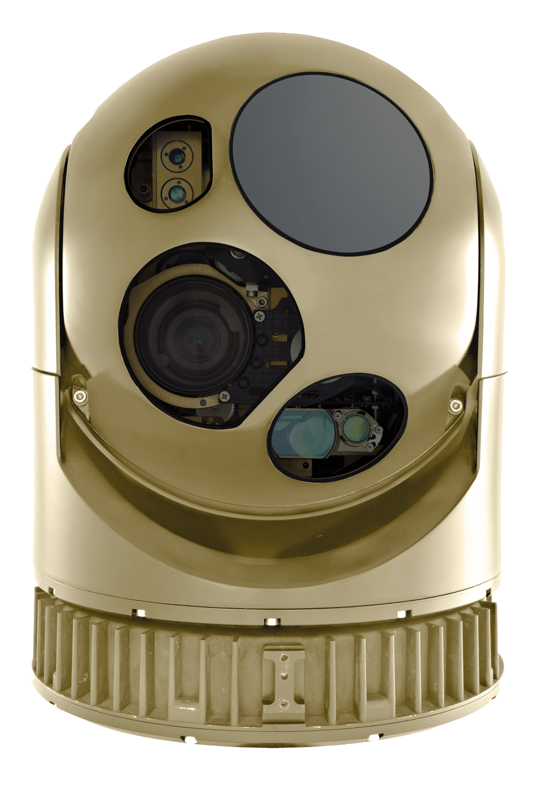 Une image montrant la caméra MX-10GS de L-3 WESCAM, qui est ronde et dorée.