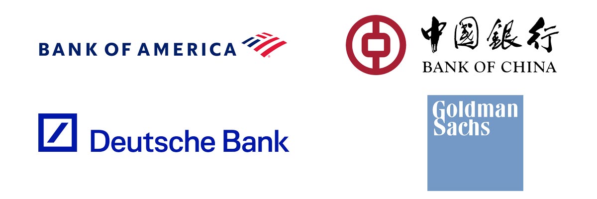 Logos for Bank of America, Bank of China, Deutsche Bank and Goldman Sachs