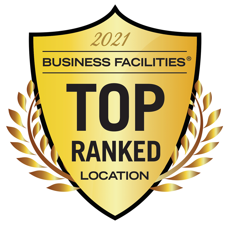A gold award seal that reads '2021 Business Facilities® Top Ranked Location'