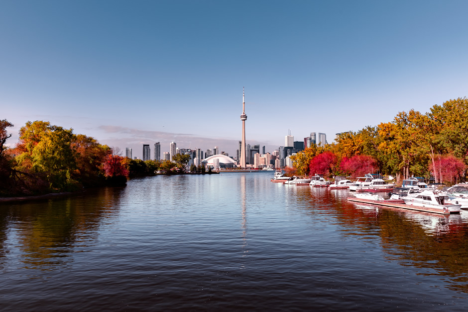 View of Toronto skyline from lake with seasonal autumn trees