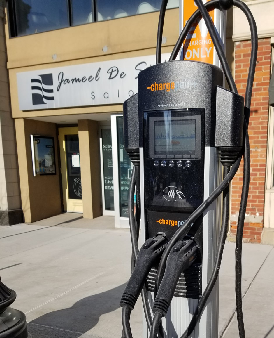 An EV charging station in downtown Oakville