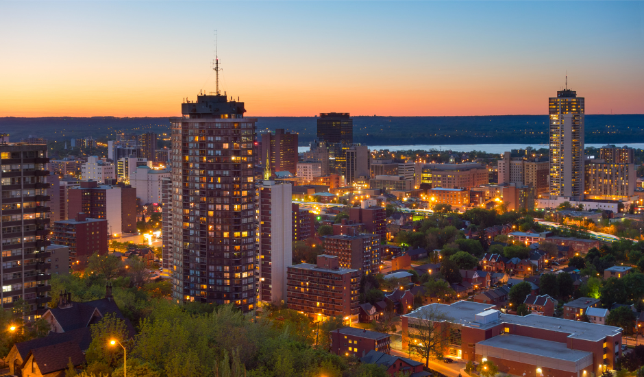 A view of downtown Hamilton, Ontario’s skyline at dusk