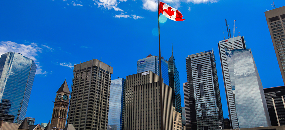 A view of Toronto's financial district skyline as seen on a bright summer's day