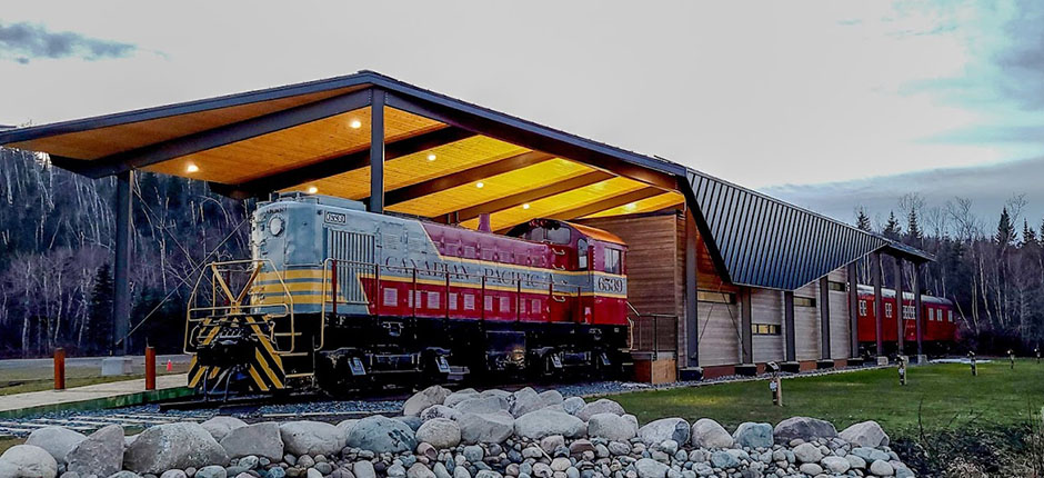 Exterior of the railway museum, complete with the front car of a Canadian Pacific train.