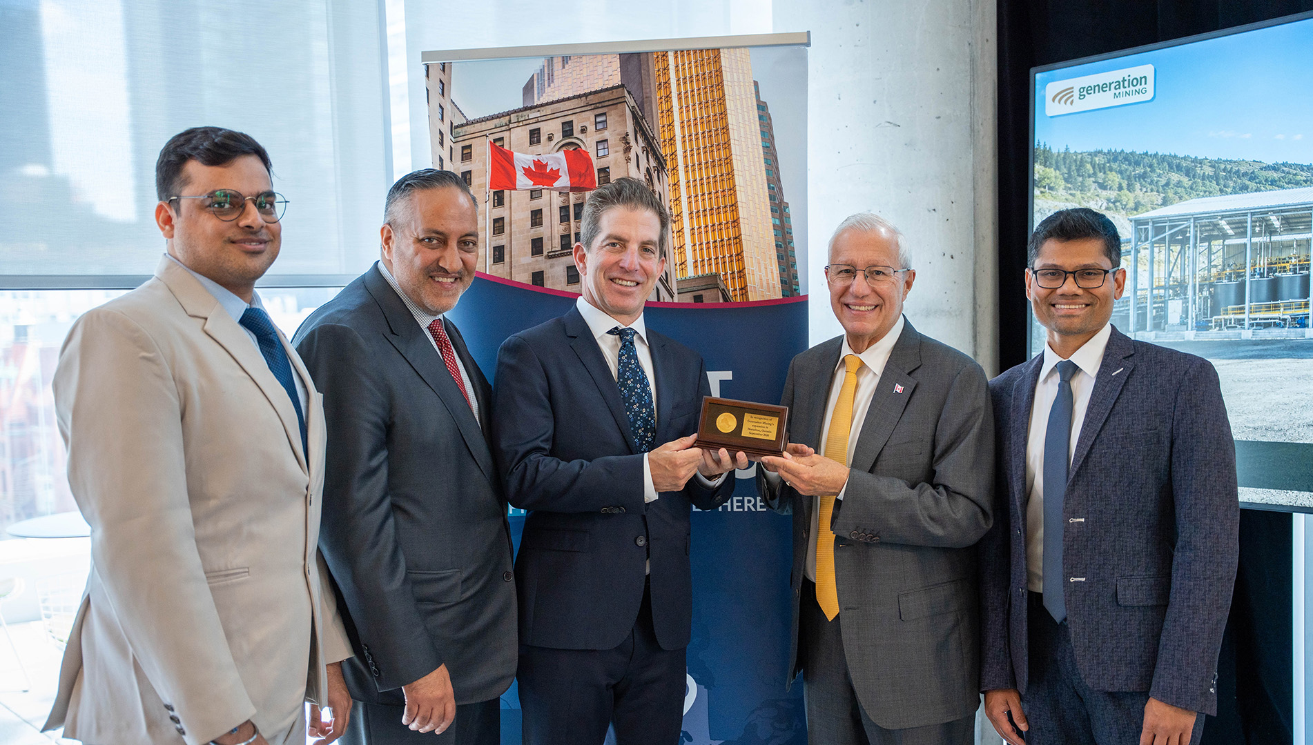 Minister Fedeli and the Invest Ontario team present Generation Mining CEO Jamie Levy with a commemorative plaque.