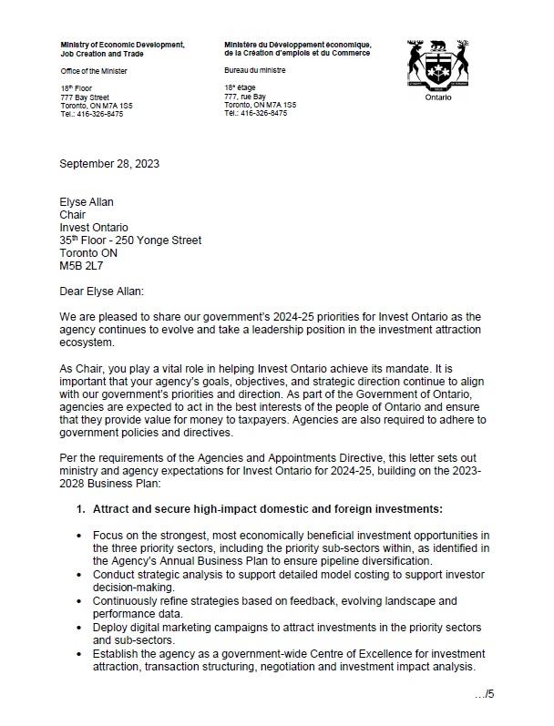 Invest Ontario Mandate Letter 2024-2025