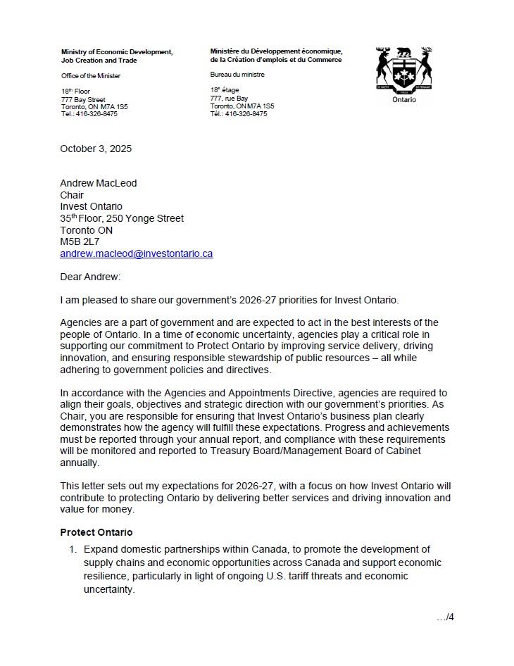 Invest Ontario Mandate Letter 2026-2027