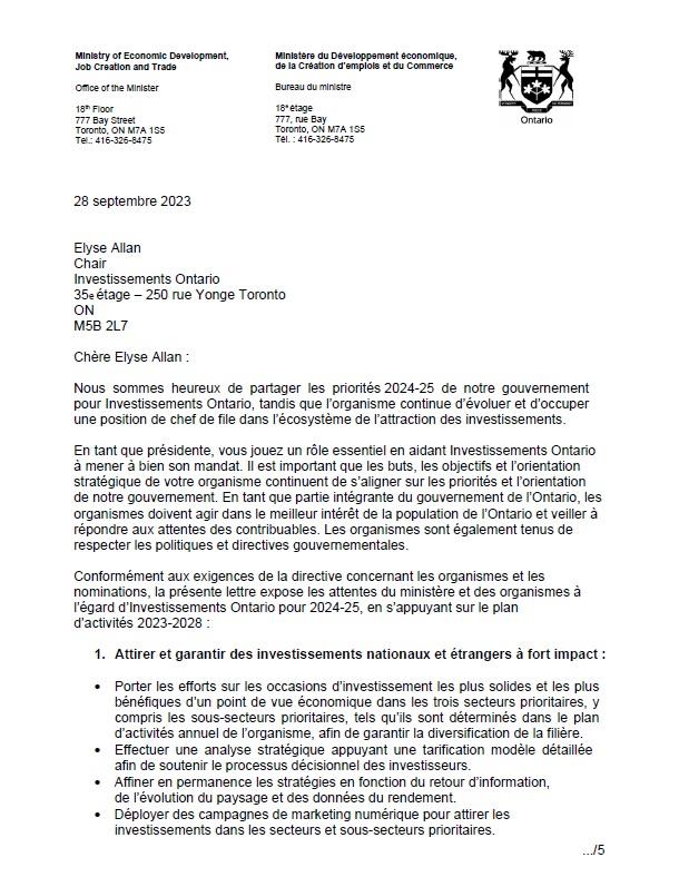 Lettre de mandat d’Investissements Ontario de 2024-2025