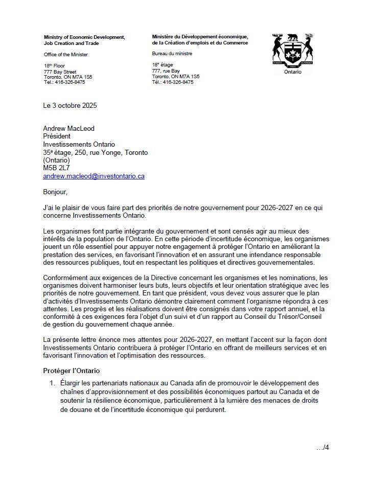 Lettre de mandat d’Investissements Ontario de 2026-2027