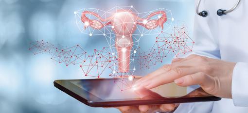 A doctor using a tablet with a scientific graphic of a uterus floating above it.
